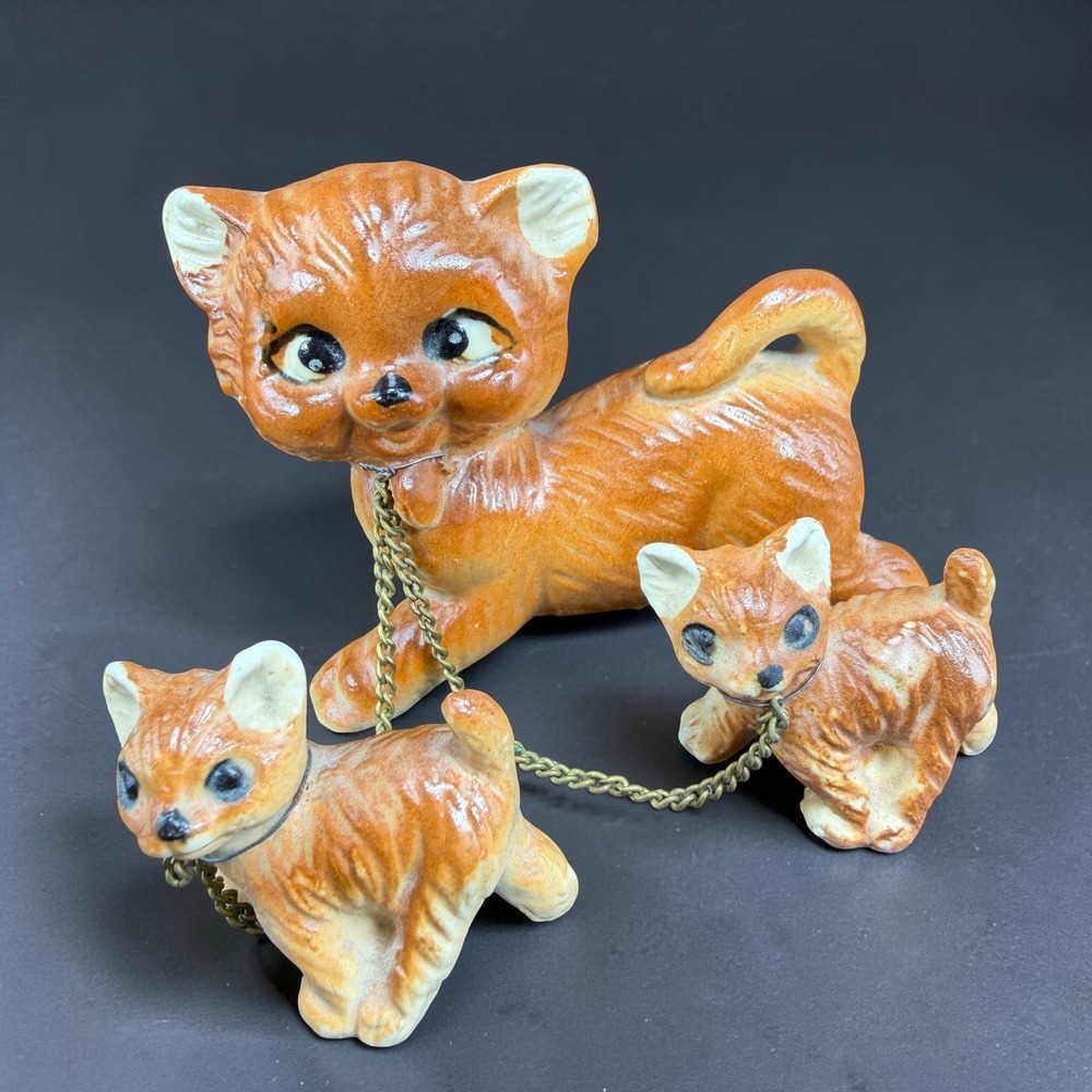 Vintage Ceramic Dog Family Figurine Set Mother and Puppies with Chain Ginger